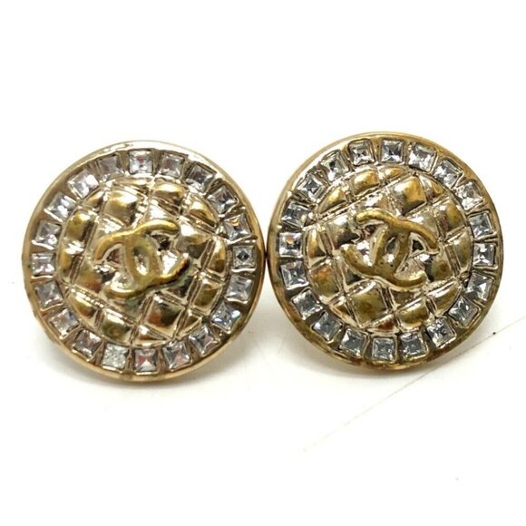 CHANEL B17C CC Mark Matelasse Rhinestones Pierce Accessories Pierce Metal Gold - Picture 1 of 12